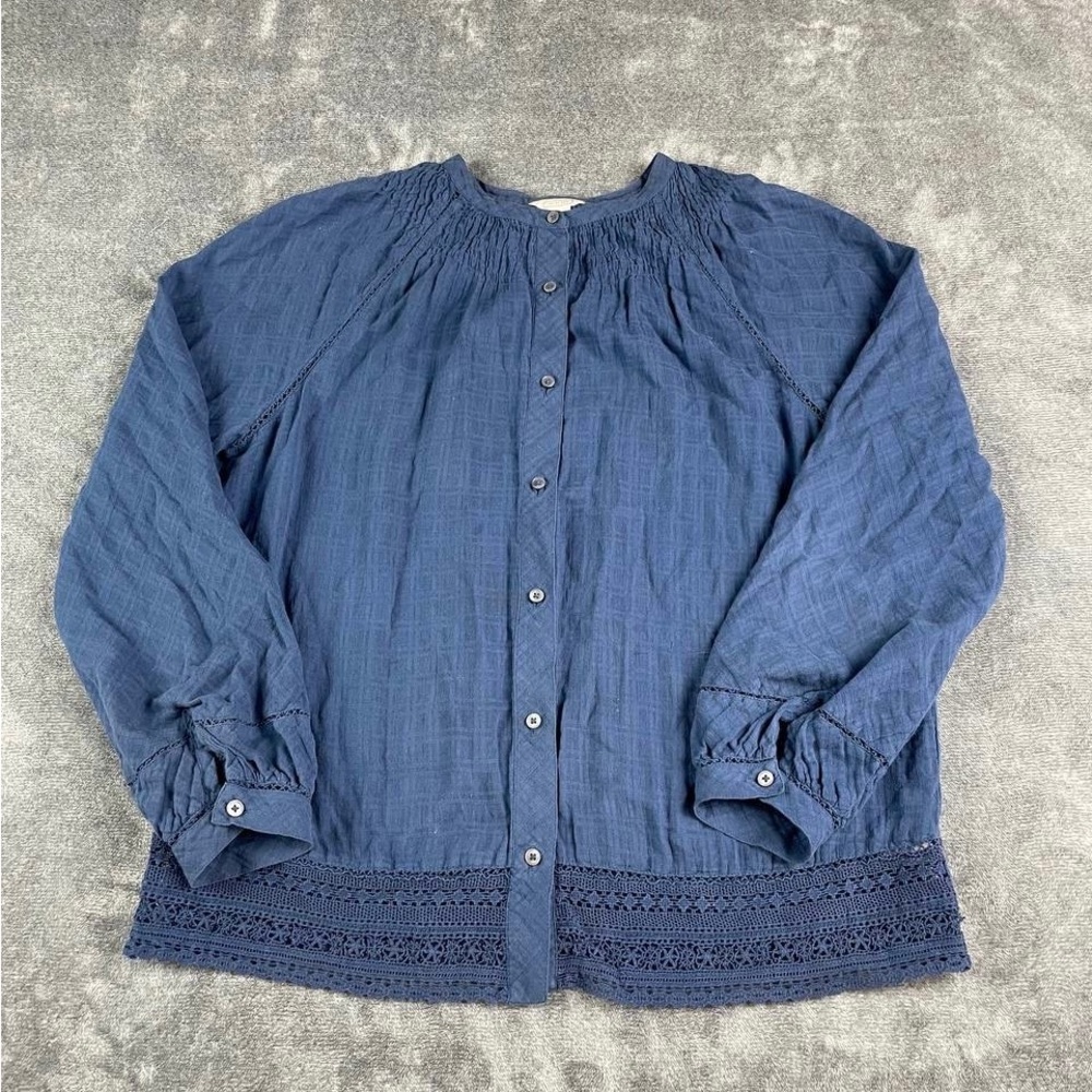 Point Sur J.Crew peasant top button up with smocking and lace size S 100% cotton